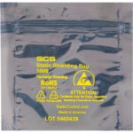 The MH-USA 3 x 3 Reclosable Static Shielding Bags are silver with yellow text SCS Static Shielding Bag 1000, featuring handling instructions, a ROHS logo, and a warning symbol. Made in America is at the bottom. They come packed neatly as 1000 per case.