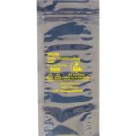 The MH-USA 5 x 10 Reclosable Static Shielding Bags (100/Case) are clear plastic, featuring yellow text and caution symbols for static discharge. They are RoHS compliant and include a lot number at the bottom.