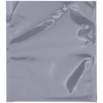 An MH-USA 8 x 10 unprinted open end static shielding bag resembles a silver foil sheet, its creases forming abstract shapes and shadows on the smooth texture, enhanced by light reflections.