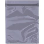 The MH-USA 6 x 8 unprinted reclosable static shielding bags, available in cases of 100, feature a silver foil pouch with zipper closure, offering a reflective surface that combines elegance and practicality for storage.