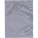 A semi-transparent, glossy gray bag labeled MH-USA 9 x 12 Unprinted Reclosable Static Shielding Bags (100/Case) is shown against a plain background. Its zipper top closure and light-reflective surface create shiny areas.