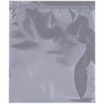 The MH-USA 10 x 12 unprinted reclosable static shielding bag, with a shiny silver foil design and smooth surface, is perfect for storing food or small items. Each bag in the pack of 100 per case is empty, sealed at the top, and ensures secure storage.
