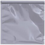 The MH-USA 12 x 12 Unprinted Reclosable Static Shielding Bag features a glossy, transparent design with a secure zip seal, reflecting light elegantly on its slightly crumpled surface against a plain background.