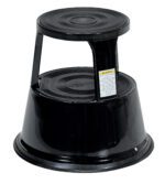 The Vestil Black Rolling Step Stool, 17 In, has a round design with two levels, a circular standing platform on top, and a discreet side caution label. Its wide base and simple functionality make it perfect for any space needing elevation.