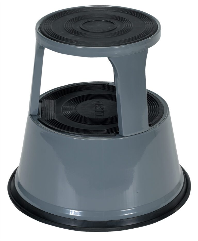 STEP-17-GY_A.jpg The Vestil Gray Rolling Step Stool 17 In features a stylish two-step design with black rubber tread and a round base for stability. Its smooth plastic surface combines practicality and style, providing safety while reaching high places.