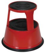 The 17-inch Vestil Red Rolling Step Stool has two steps with black non-slip surfaces, a conical base, and a handle for easy mobility, making it a practical addition to any space.