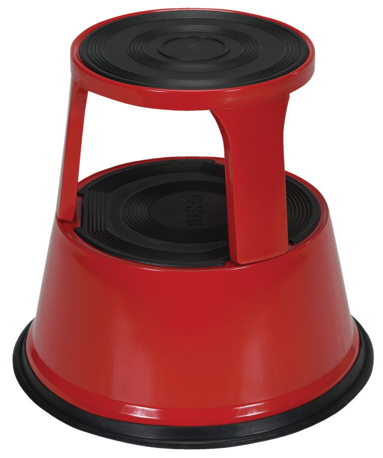 STEP-17-R_A.jpg The 17-inch Vestil Red Rolling Step Stool has two steps with black non-slip surfaces, a conical base, and a handle for easy mobility, making it a practical addition to any space.