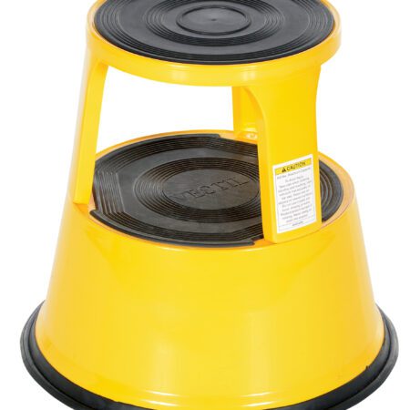 The Vestil Yellow Rolling Step Stool 17 In has a tapered design, stands at 17 inches, includes a caution label, features two circular black steps, and has a sturdy rubber base for stability.