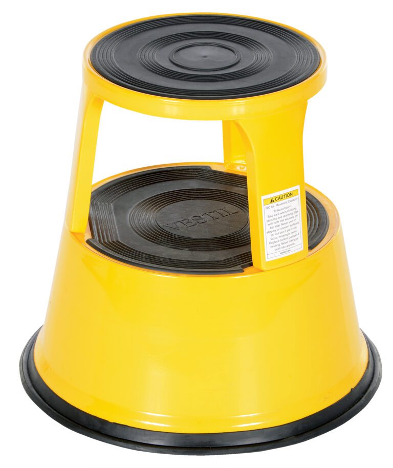 STEP-17-Y_A.jpg The Vestil Yellow Rolling Step Stool 17 In has a tapered design, stands at 17 inches, includes a caution label, features two circular black steps, and has a sturdy rubber base for stability.