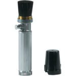 The MH-USA K-1 Fountain Brush w/Cover is a stylish metallic shoe shine applicator with a round bristle brush, ribbed handle, and removable black cap, perfect for maintaining your footwear.