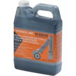 The MH-USA K-1 Quart of Black Ink comes in a gray plastic jug featuring an orange label with multilingual product info and a stencil tool illustration. It has a screw cap and contains liquid ink.