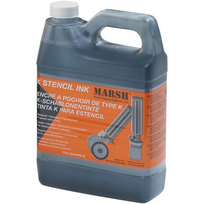 STMA45.jpg The MH-USA K-1 Quart of Black Ink comes in a gray plastic jug featuring an orange label with multilingual product info and a stencil tool illustration. It has a screw cap and contains liquid ink.