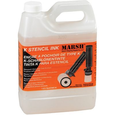 STMA47.jpg Marsh K Stencil Ink container with a handle and roller applicator features a multilingual label similar to the MH-USA K-1 Quart of Solvent & Cleaner, highlighting waterproof and fast-drying properties. The container holds 1 US gallon (3.785 liters) of ink.