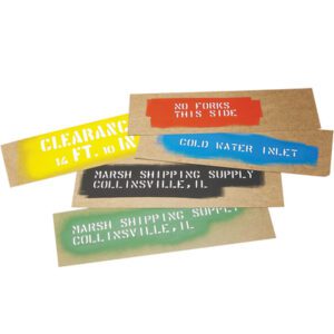 Using high-quality 6 1/2 x 24 Marsh® Oil Boards (620/Case), stencils crafted on brown paper against vibrant backgrounds display messages like CLEARANCE 14 FT. 10 IN. and NO FORKS THIS SIDE, alongside important shipping instructions.