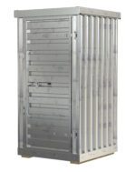 A compact, weathered Vestil Storage Locker 4X4 features vertical slats and sits on wooden blocks. Its hinged door is secured with a metal latch and has a lightly rusted look.