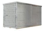 The Vestil Storage Building features a metallic, rectangular design with a 6X12 wide roll-up door. Its surface has vertical ridges and a weathered, slightly rusted look, ensuring stability on flat surfaces.