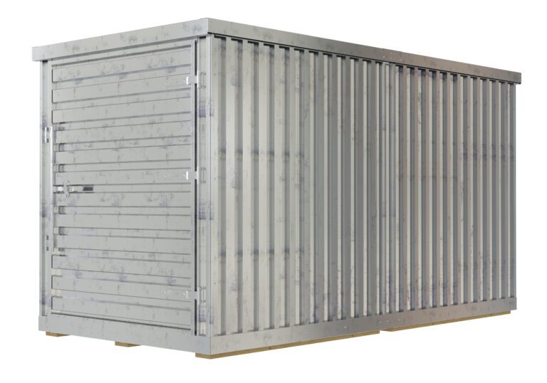 STOR-612-G-W-1RH-WD_A.jpg The Vestil Storage Building features a metallic, rectangular design with a 6X12 wide roll-up door. Its surface has vertical ridges and a weathered, slightly rusted look, ensuring stability on flat surfaces.