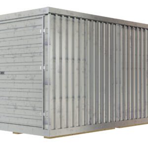 The Vestil Storage Building features a metallic, rectangular design with a 6X12 wide roll-up door. Its surface has vertical ridges and a weathered, slightly rusted look, ensuring stability on flat surfaces.