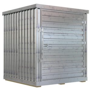Crafted from durable materials, the silver-gray Vestil Storage Building with corrugated sides and a closed 6X6 wide door rests on wooden pallets. Accented by rust spots, it combines rugged industrial style with functional appeal.