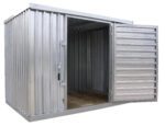 The Vestil Storage Building Single Galvanized has corrugated walls, an open door, and a wooden floor, highlighting a spacious interior. Made of sturdy galvanized steel with an industrial design, it comes in a sleek silver color.