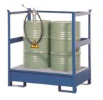 Two green metal barrels with a flammable symbol are secured on a Vestil Transport Drum Pallet W/Siderail 1200 Lb. One barrel includes an attached pump and hose for ease of access and safe handling.