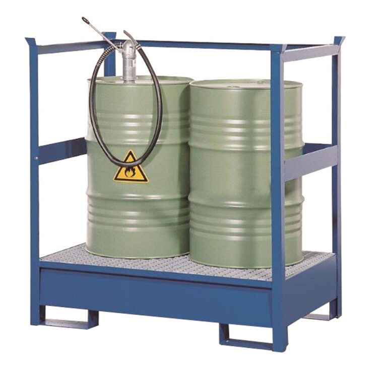 Two green metal barrels with a flammable symbol are secured on a Vestil Transport Drum Pallet W/Siderail 1200 Lb. One barrel includes an attached pump and hose for ease of access and safe handling.