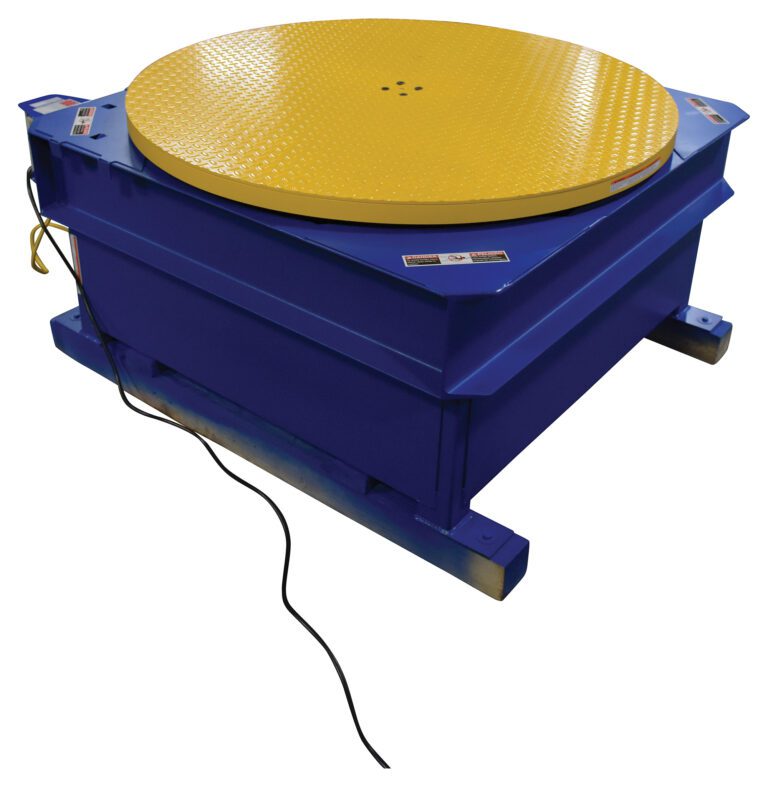 STPC-CD_A.jpg The Vestil Chain Driven Ac Carousel 4K Lb 48 In Dia features a sturdy blue design with a textured yellow circular top, flat square base, and side power cord, ideal for heavy-duty applications.