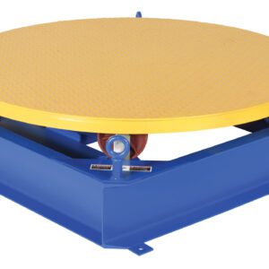 The Vestil Electric Stand Alone Powered Carousel has a yellow rotating platform on a sturdy blue metal base, ideal for industrial use. Loop handles at each corner allow for easy mobility or secure positioning.