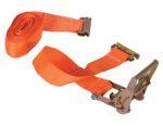 The Vestil Ratcheting Cargo Strap With E-Clip 16 Ft features an orange strap with a metal buckle, showcasing stitching details with one side rolled and the other extended. The reflective metal parts have a slightly bronze finish.
