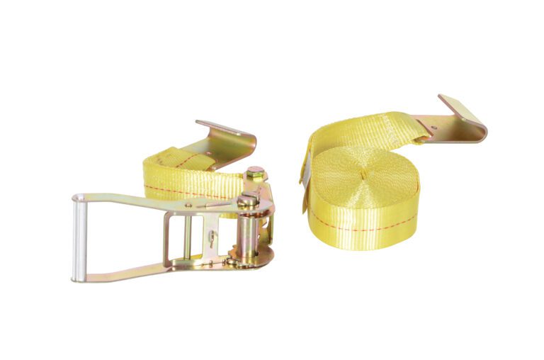 STRAP-27-FH_A.jpg The image displays two yellow Vestil Ratcheting Straps With Flat Hook 27 In on a white background. One strap is neatly rolled with a hook, while the other is extended, highlighting its mechanism and hook in detail.