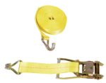 The Vestil Ratcheting Cargo Strap With Rod Hook is displayed with a partially unrolled yellow strap on top, while below, the ratchet mechanism joins a shorter strap featuring a sturdy metal hook.