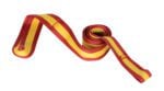 A rolled ribbon with red and yellow stripes resembles the flair of a 3Ft long Vestil Wheel Chock Strap Kit. Partially unrolled, it reveals a wavy pattern against a crisp white background.