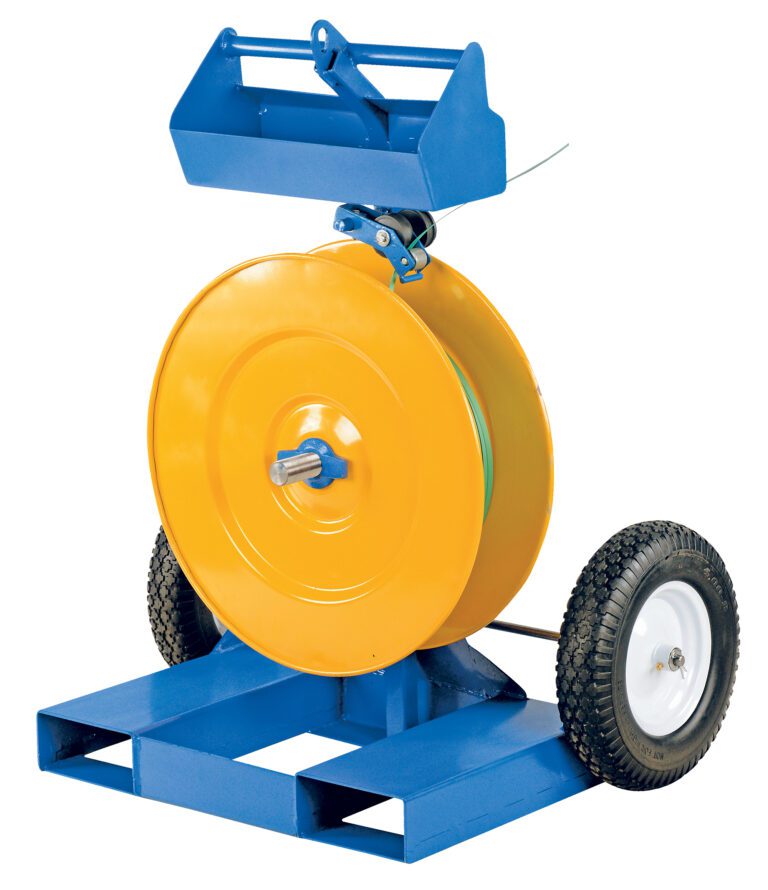 A portable cable reel, featuring a blue metal frame, yellow circular reel, and two black tires, mirrors the design of the Vestil Strapping Cart With Fork Pockets. The base includes openings to facilitate lifting and maneuvering.