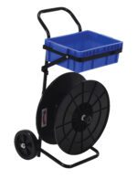 The Vestil Strapping Cart 17.5L X 16.375 X 37.5H includes a large black spool at the bottom and a blue open-top bin on top, designed for easy portability with its two rear wheels and sturdy handle for effortless maneuvering.