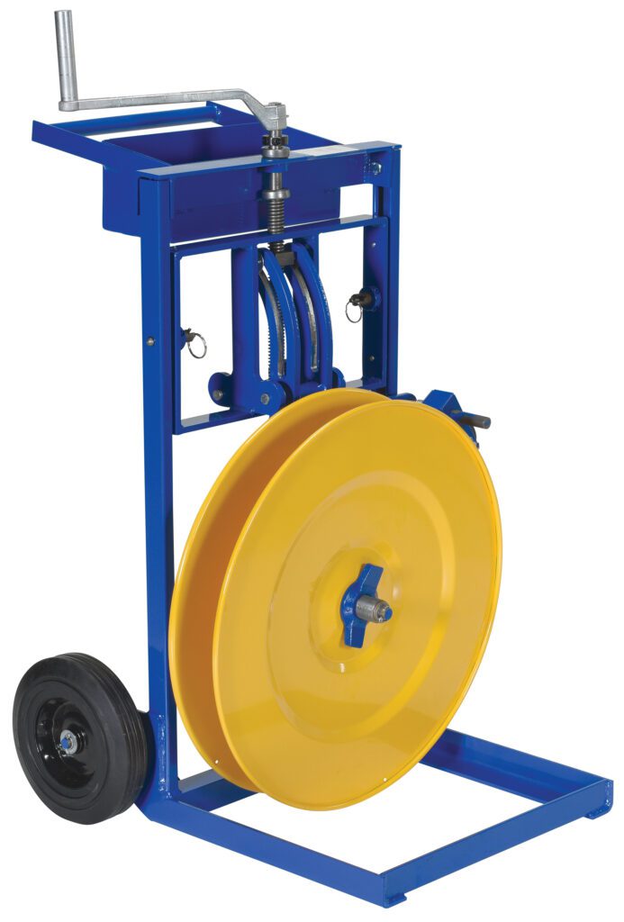 The Vestil Vertical/Horizontal Strapping Cart is a blue metal reel cart with a large yellow spool, designed for easy mobility with black wheels and a robust frame. It features a handy top-mounted crank for holding and dispensing hose or cable.