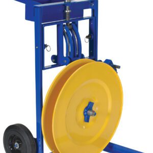 The Vestil Vertical/Horizontal Strapping Cart is a blue metal reel cart with a large yellow spool, designed for easy mobility with black wheels and a robust frame. It features a handy top-mounted crank for holding and dispensing hose or cable.