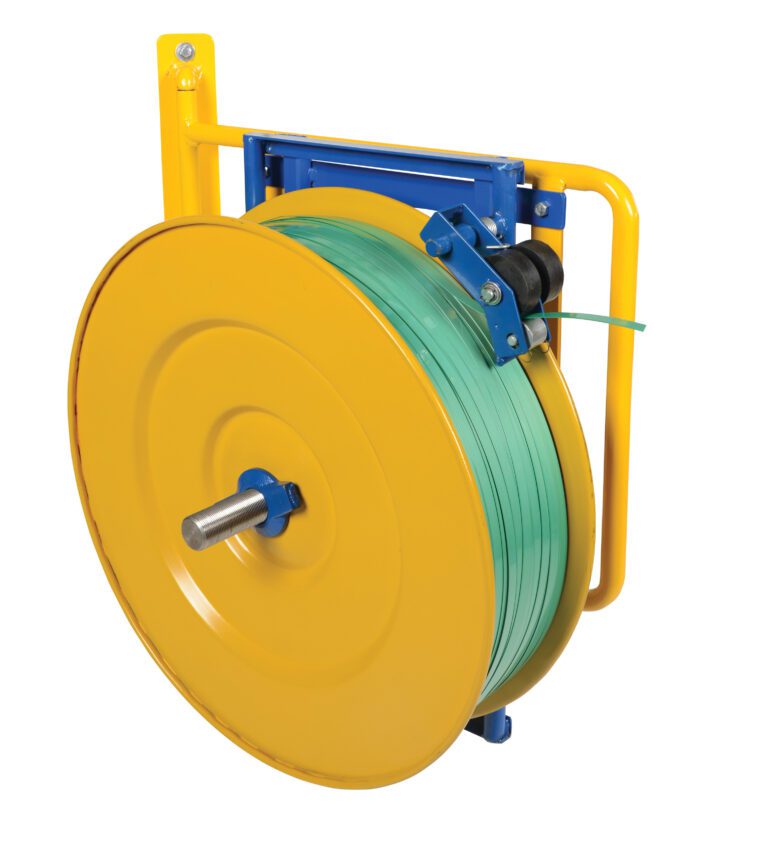 A large, yellow hose reel with a green hose is mounted on a blue and yellow frame, resembling the durable design of the Vestil Wall-Mounted Strapping Cart. The neatly coiled hose stands out against a white background.