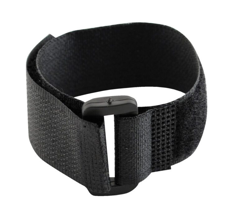 The Vestil Strap With Plastic Loop - 100 Pcs features a sleek black nylon design with an adjustable buckle and hook-and-loop closure. Its flexible, coiled shape allows for versatile use across various applications.
