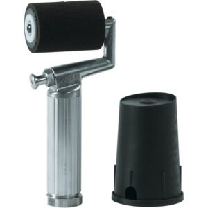 Displayed is the Rolmark Fountain Roller, showcasing a metal handheld design with a textured grip and sleek black cap, expertly coated with black ink.