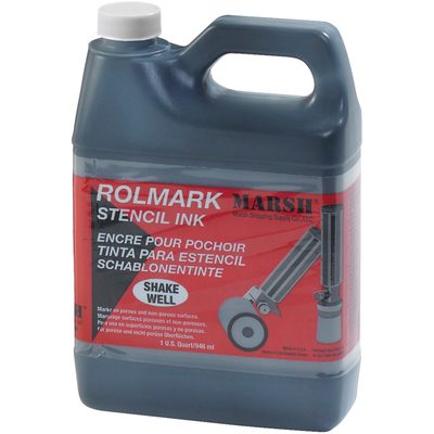 STRO43.jpg The Rolmark Quart of Black Ink (1 Qt) features a large gray jug with a red label displaying various languages, an ink roller illustration, and the text Shake Well. The jug contains 1 quart (0.95 liters) of ink.