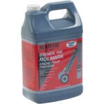 A plastic jug of Rolmark Gallon of Black Ink (1 Gal) with a stencil wheel applicator on the label instructs to shake well. It holds one gallon (3.785 liters) of black ink.