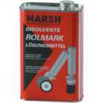 A red rectangular can labeled MARSH and Rolmark Quart of Solvent & Cleaner (1 Qt) features multilingual text, a paint roller, a spout image, and a screw cap on top. Warning labels, including flammability cautions, are visible.