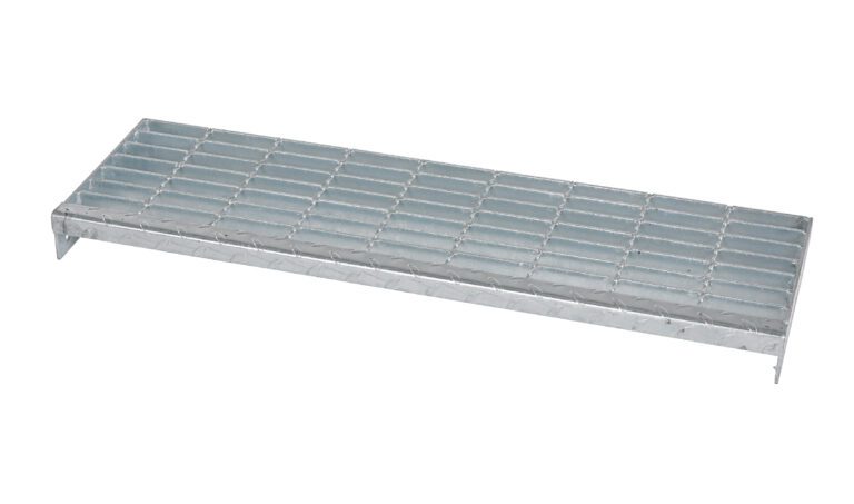 The Vestil 3 Foot Galvanized Steel Step features a silver checkered metal grating with square openings, a raised edge on one side when viewed at an angle, and flat support panels underneath, making it perfect for industrial or outdoor use.