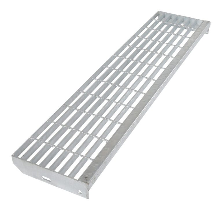 STS-48-HDG_A.jpg The Vestil 4 Foot Galvanized Steel Step, featuring a metallic rectangular grate with parallel bars and a solid frame, stands out against a white backdrop.