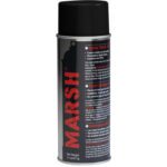 Image of a Marsh spray paint can with a black cap and predominantly black label accented in red and white. This 11-ounce (311g) can details product usage and features, comparable to MH-USA Black Spray Stencil Ink sold in cases of 12 for larger projects.