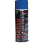 A can of MH-USA Blue Spray Stencil Ink (12 Cans/Case) with a blue cap features a label with vertical red MARSH text and includes multilingual instructions and product features.