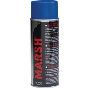 A can of MH-USA Blue Spray Stencil Ink (12 Cans/Case) with a blue cap features a label with vertical red MARSH text and includes multilingual instructions and product features.