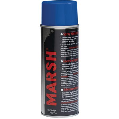 STSBLU.jpg A can of MH-USA Blue Spray Stencil Ink (12 Cans/Case) with a blue cap features a label with vertical red MARSH text and includes multilingual instructions and product features.