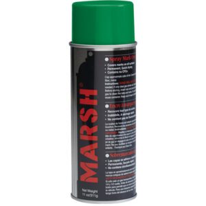 The MH-USA Green Spray Stencil Ink, available in a 12 Cans/Case set, features an 11 oz (311 g) aerosol can with a green cap and MARSH in bold red text. It provides precise surface marking with multilingual instructions.