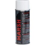 Introducing the MH-USA White Spray Stencil Ink (12 Cans/Case) with a white cap and a red and black label. The label provides information in English, French, and Spanish to meet your multilingual needs.